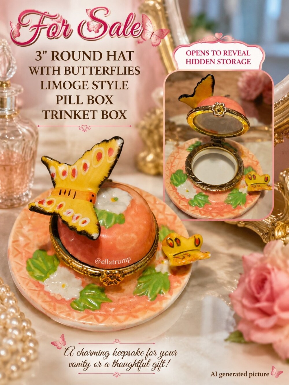 3" round Hat with Butterflies Limoge Style Pill Box Trinket Vintage